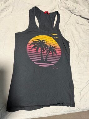 Guess Black Racerback Tank with Sunset Palm Circle